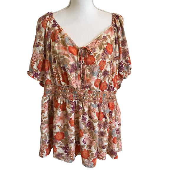 Torrid Top Blouse Georgette Size 3 3X 22/24 Peach Rust Floral Peasant Boho - Picture 1 of 13